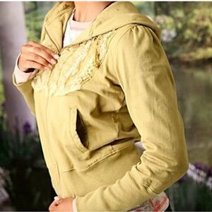 Free People Vintage Tuxedo Ruffle Hipster Hoodie Jacket Zip Lace Olive L M S